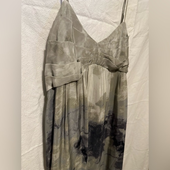 Fei Spaghetti Strap Olive Green Watercolor 100% Silk Mini Dress Size 8 - Picture 2 of 11